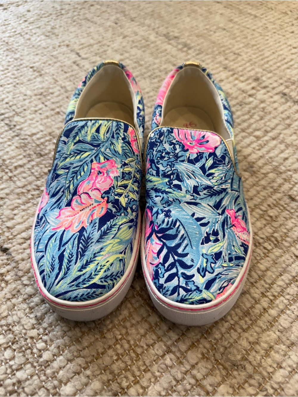 Lilly Pulitzer Blue Floral Slip-On Sneakers with Pink Accents